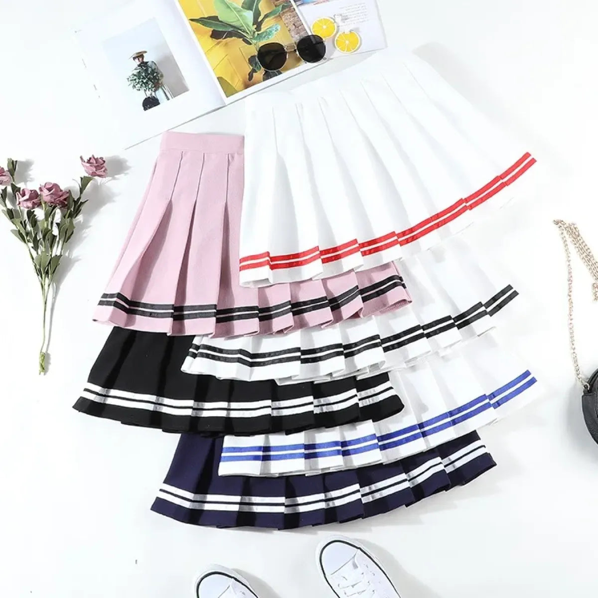 High Waist Korean Pleated Skirt – Patchwork Striped Tennis Skirt for Women - Bottoms - Skirts - 1