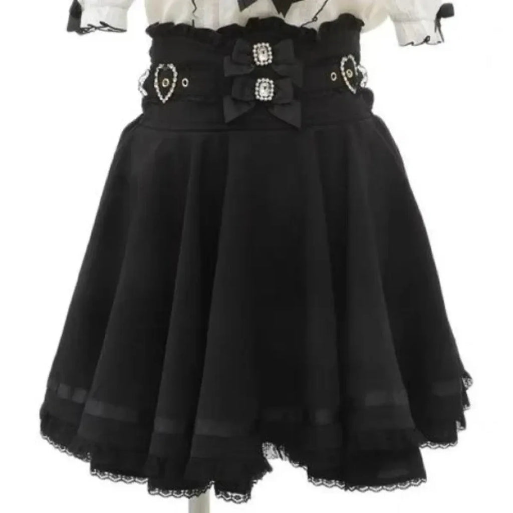 High Waist Lolita Skirt – Lace Trim & Bow Detail - Bottoms - Short - Skirts - 2