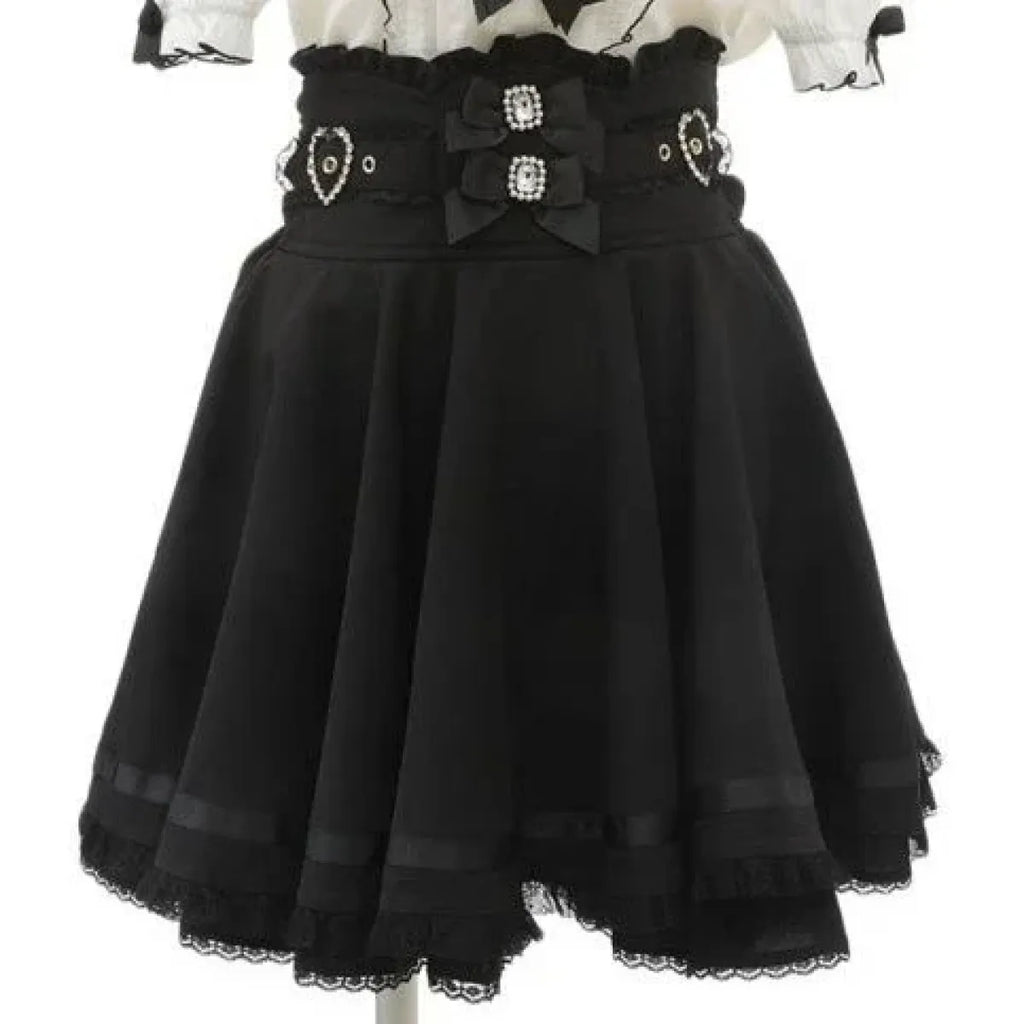 High Waist Lolita Skirt – Lace Trim & Bow Detail - Bottoms - Short - Skirts - 22