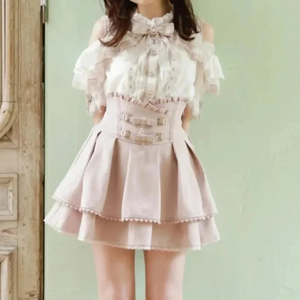 High Waist Bow Pleated Mini Skirt - Pink Lace A-line - Bottoms - Mini Skirt - 1