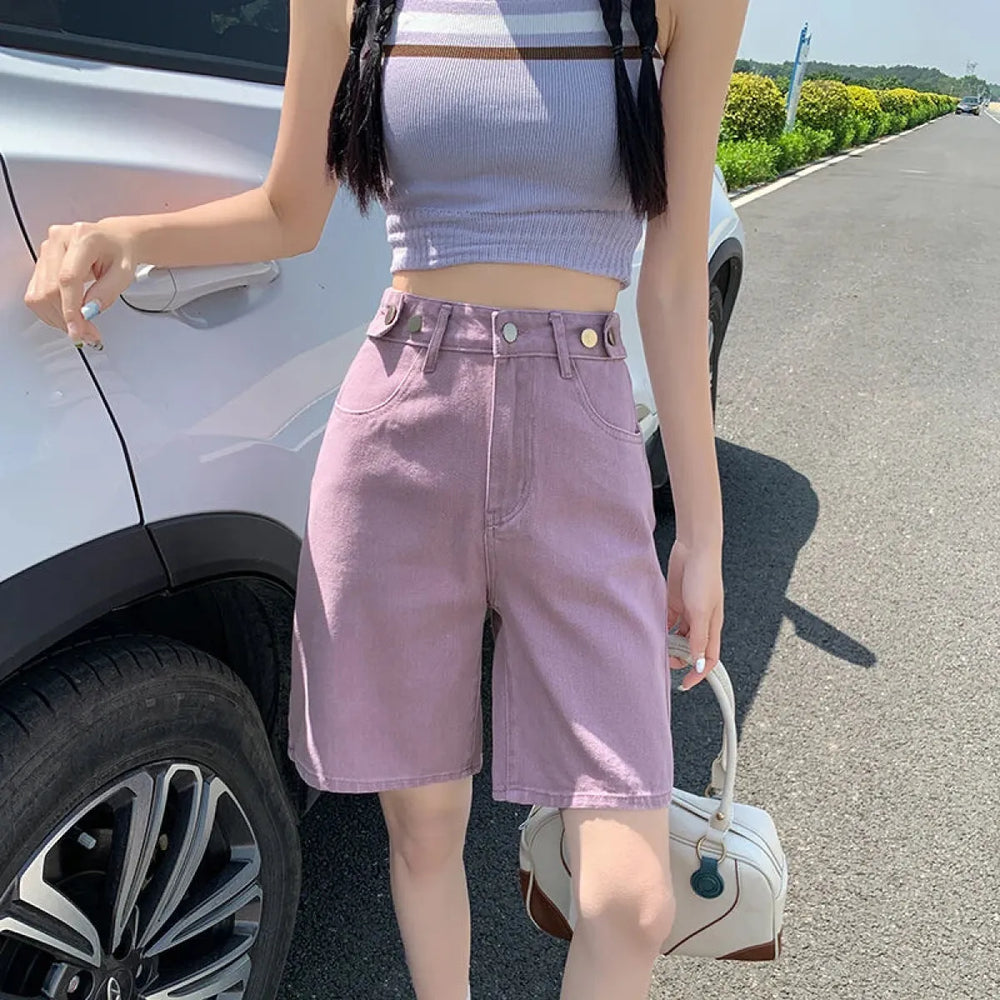 High Waist Purple Denim Bermuda Shorts - Bottoms - Shorts - 1
