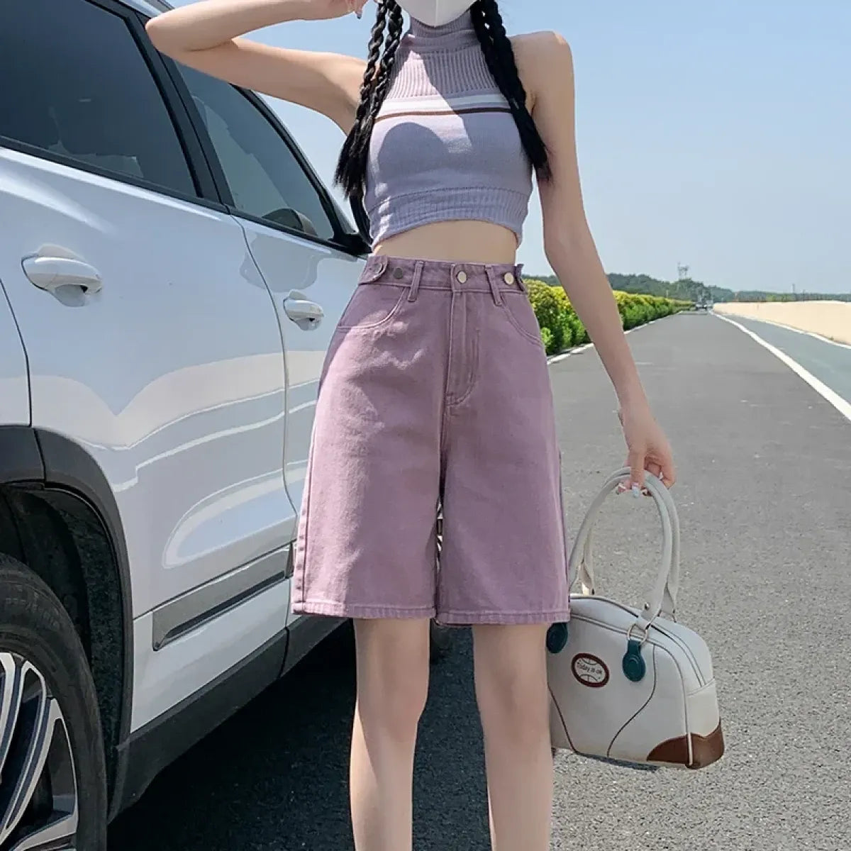 High Waist Purple Denim Bermuda Shorts - Bottoms - Shorts - 7