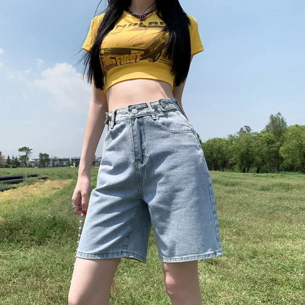 High Waist Purple Denim Bermuda Shorts - Bottoms - Shorts - 3