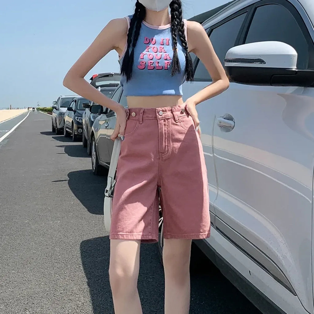 High Waist Purple Denim Bermuda Shorts - Bottoms - Shorts - 9