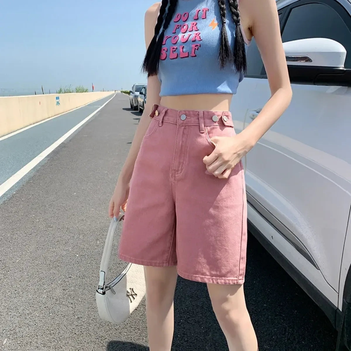 High Waist Purple Denim Bermuda Shorts - Bottoms - Shorts - 2