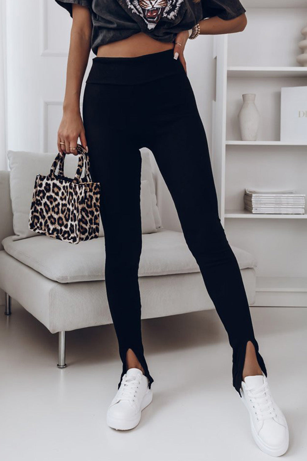 High Waist Ribbed Slit Leggings - Black / S - Women’s Clothing & Accessories - Pants - 1 - 2024