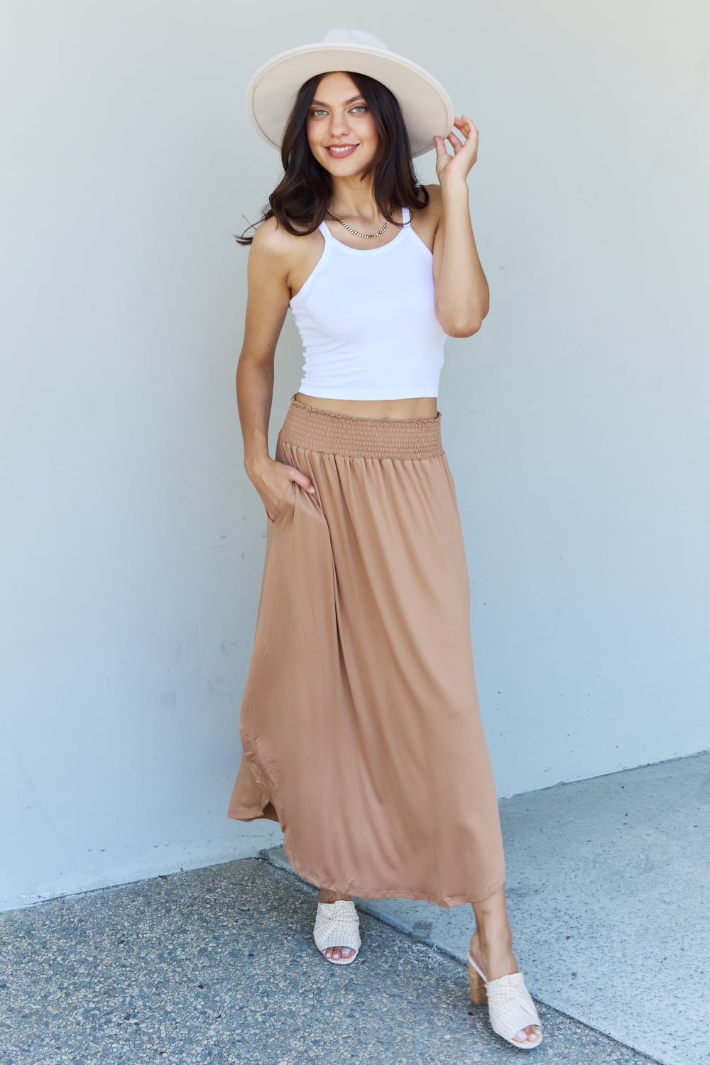 High Waist Scoop Hem Maxi Skirt in Tan - Bottoms - Skirts - 9 - 2024