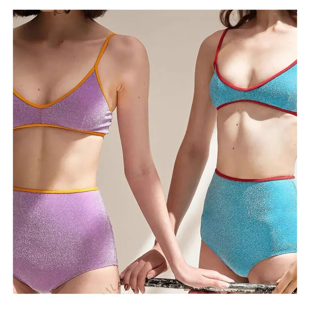 Glitter Bikini Set – High Waist Shiny Contrast Trim Beachwear - Swimsuits - Swimwear - 12