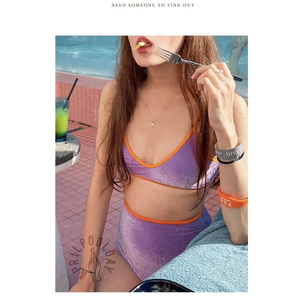 Glitter Bikini Set – High Waist Shiny Contrast Trim Beachwear - Swimsuits - Swimwear - 16