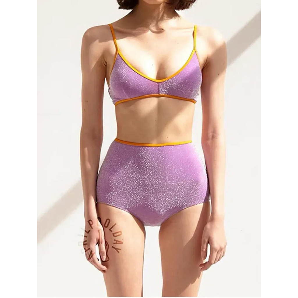 Glitter Bikini Set – High Waist Shiny Contrast Trim Beachwear - Swimsuits - Swimwear - 3