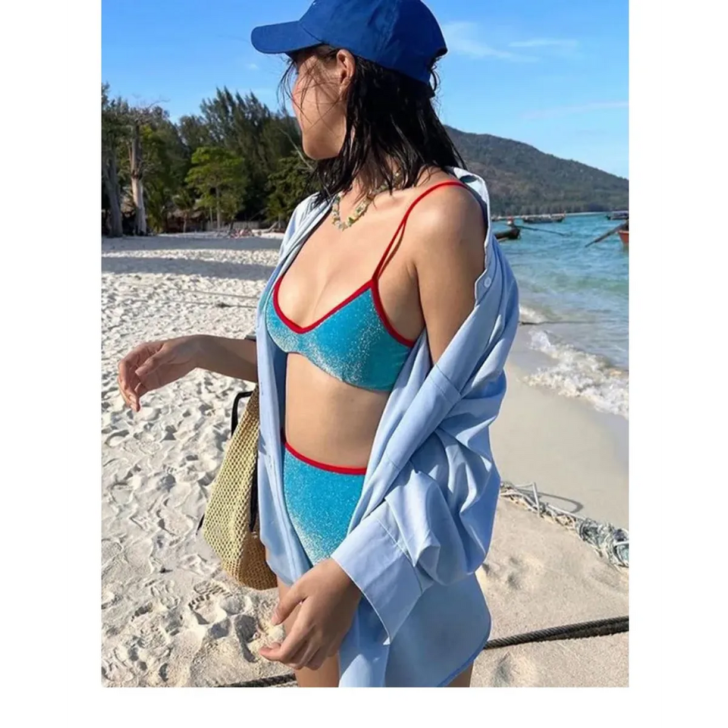 Glitter Bikini Set – High Waist Shiny Contrast Trim Beachwear - Swimsuits - Swimwear - 8