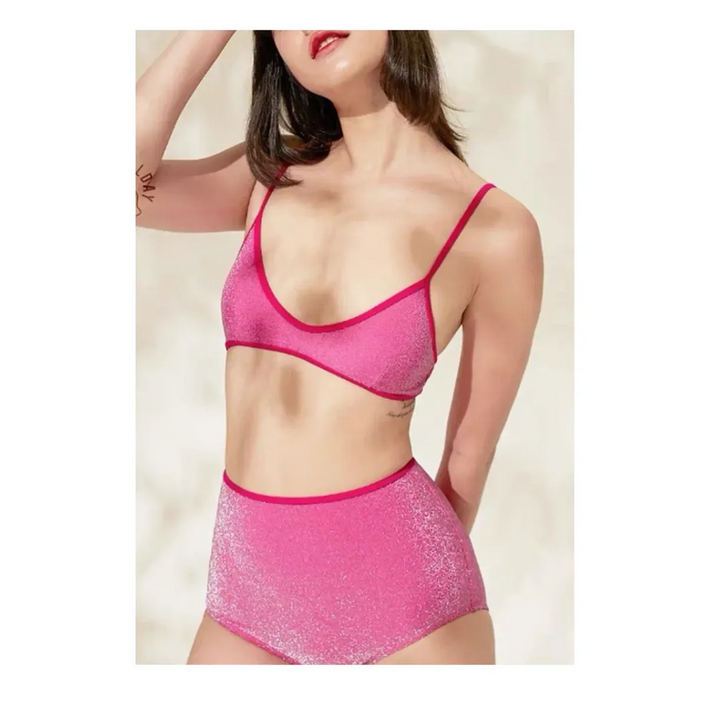 Glitter Bikini Set – High Waist Shiny Contrast Trim Beachwear - Swimsuits - Swimwear - 20