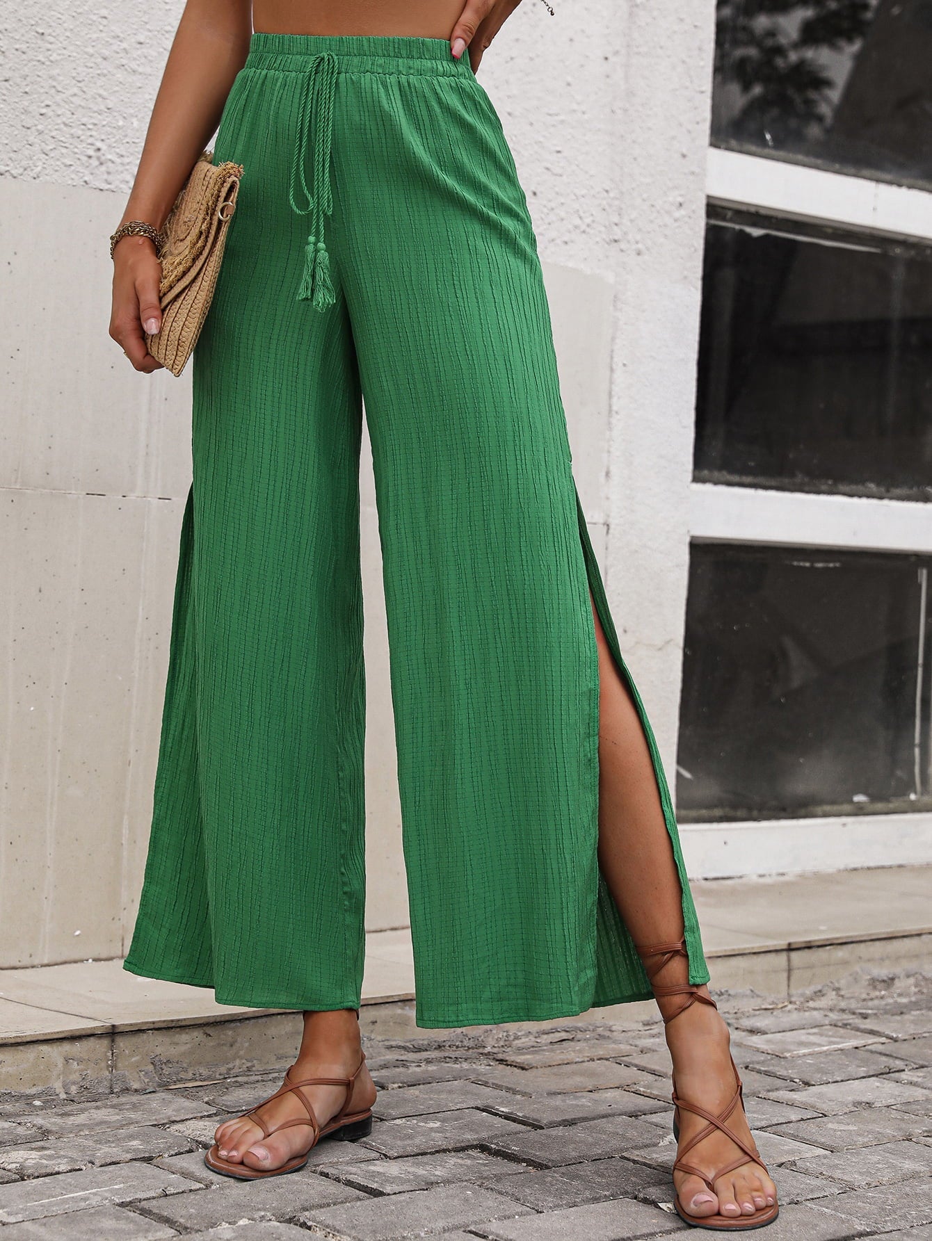 High Waist Slit Wide Leg Pants - Green / S - Bottoms - Pants - 1 - 2024