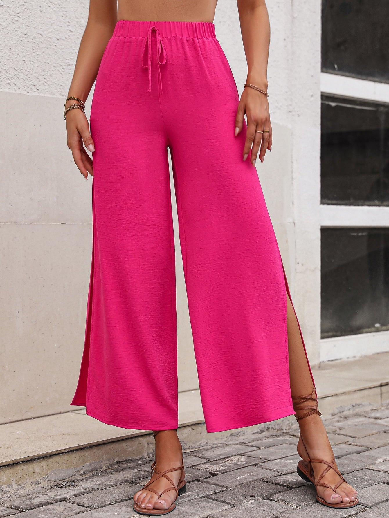 High Waist Slit Wide Leg Pants - Pink / S - Bottoms - Pants - 1 - 2024