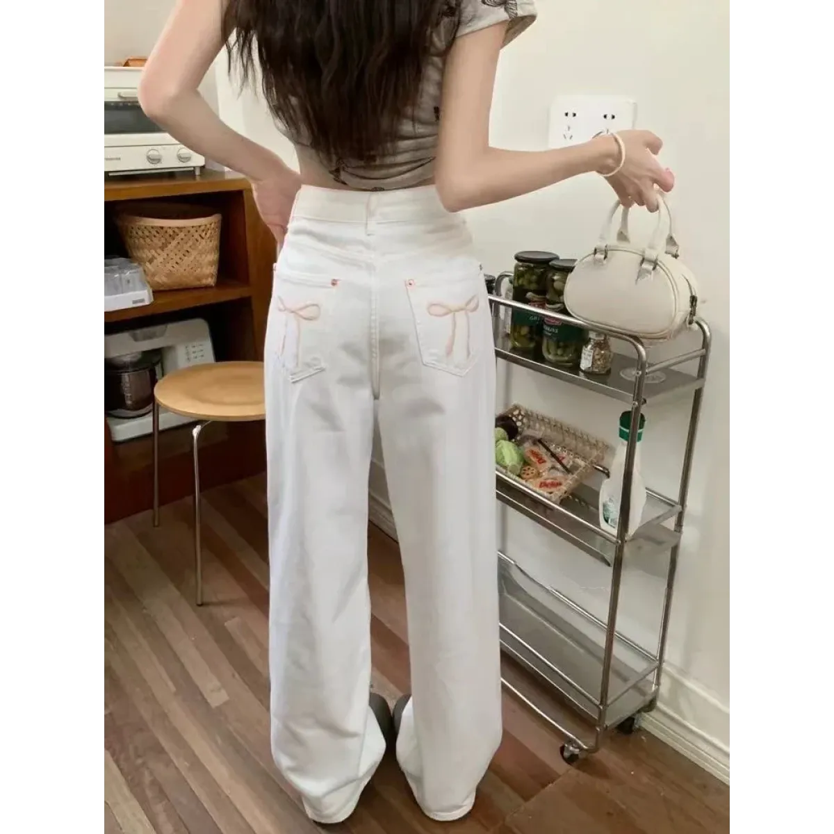 Wide Leg Jeans – High Waist Y2K Bow Embroidery - Bottoms - Women’s Jeans - 6