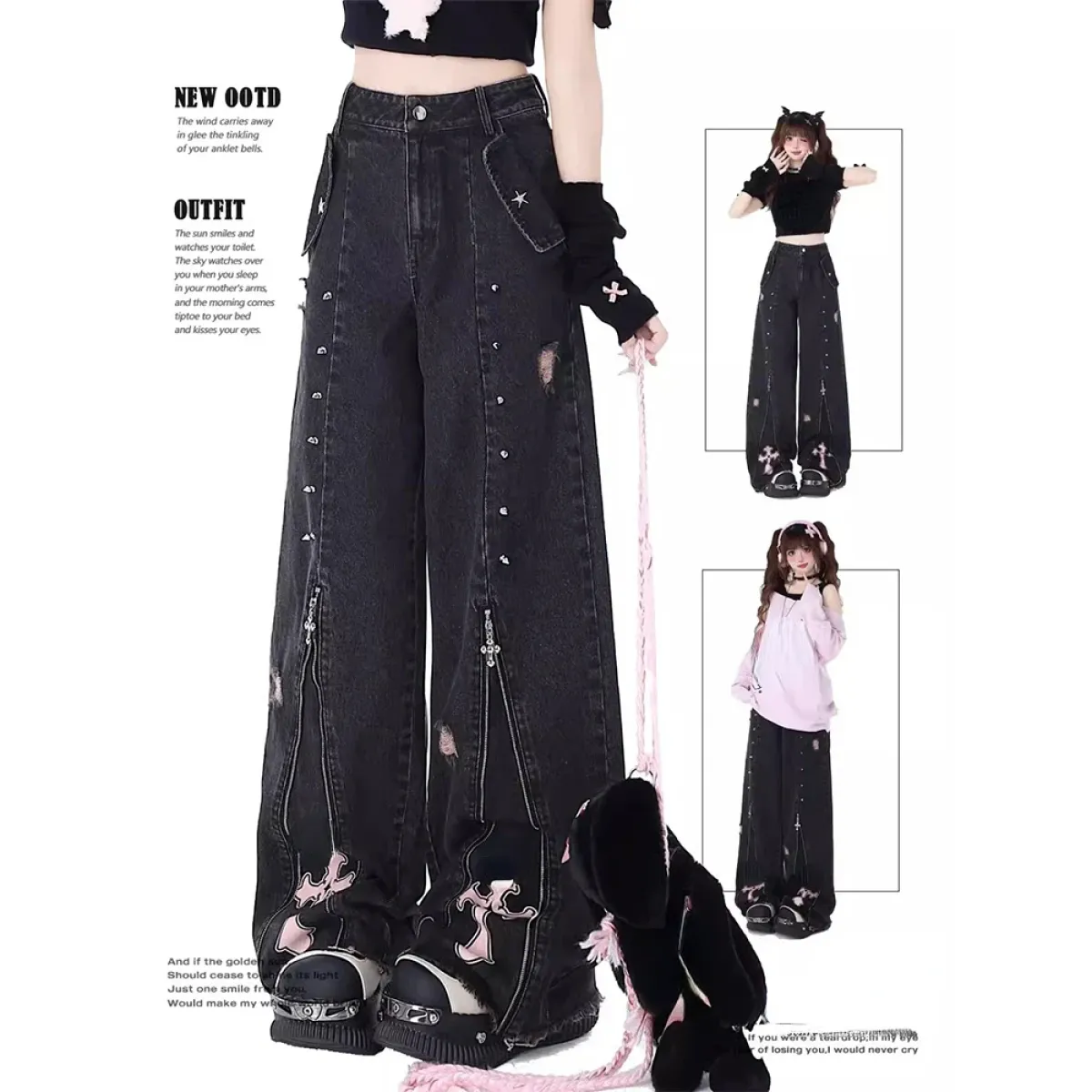 Gothic Harajuku Baggy Jeans – High Waist Y2K Denim Pants - Bottoms - Women’s Jeans - 1