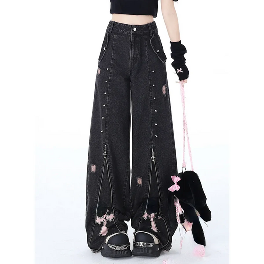 Gothic Harajuku Baggy Jeans – High Waist Y2K Denim Pants - Bottoms - Women’s Jeans - 2