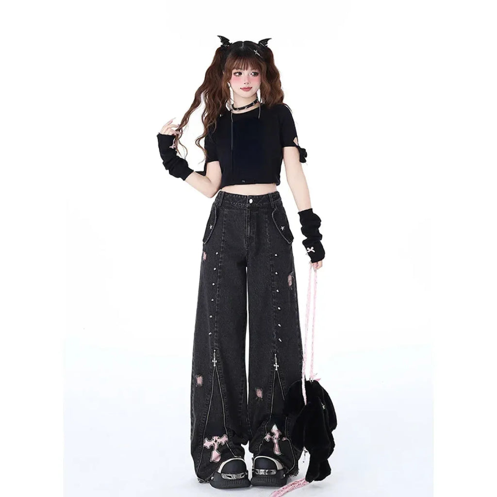 Gothic Harajuku Baggy Jeans – High Waist Y2K Denim Pants - Bottoms - Women’s Jeans - 4