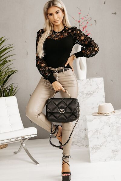 Hollowed Floral Lace Spliced Long Sleeve Blouse - Women’s Clothing & Accessories - Shirts & Tops - 4 - 2024