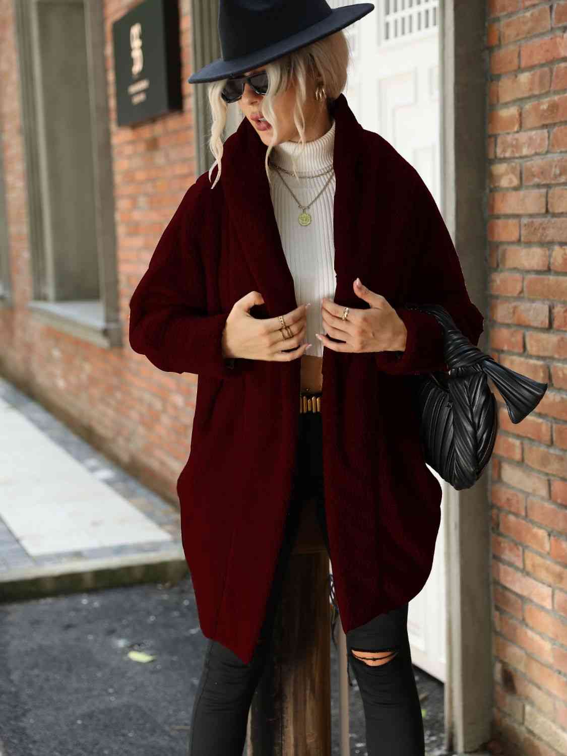 Open Front Hooded Teddy Coat - Wine / S - Jackets - Coats & Jackets - 5 - 2024