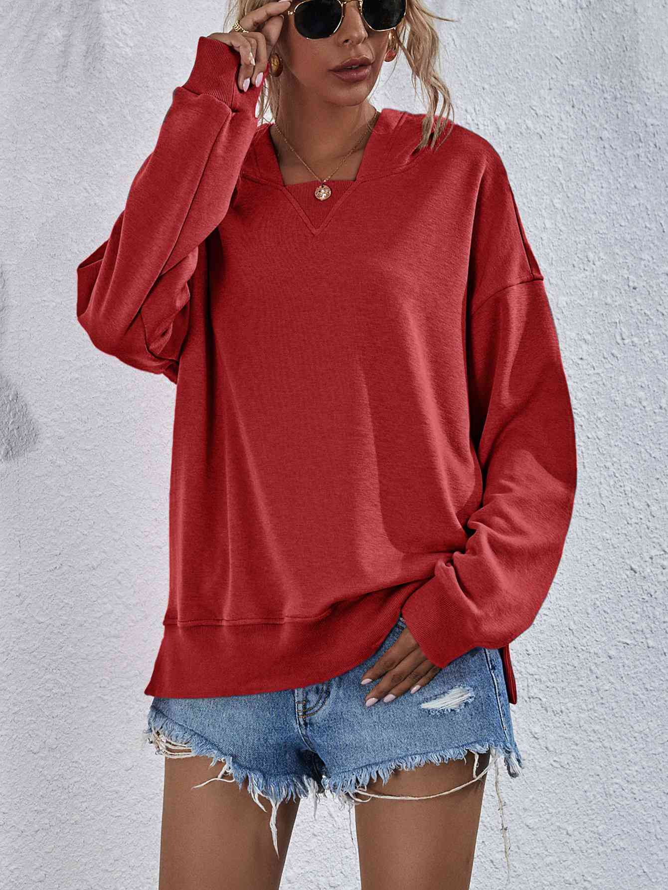 Dropped Shoulder Slit Hoodie - Red / S - Hoodies & Sweatshirts - Shirts & Tops - 16 - 2024