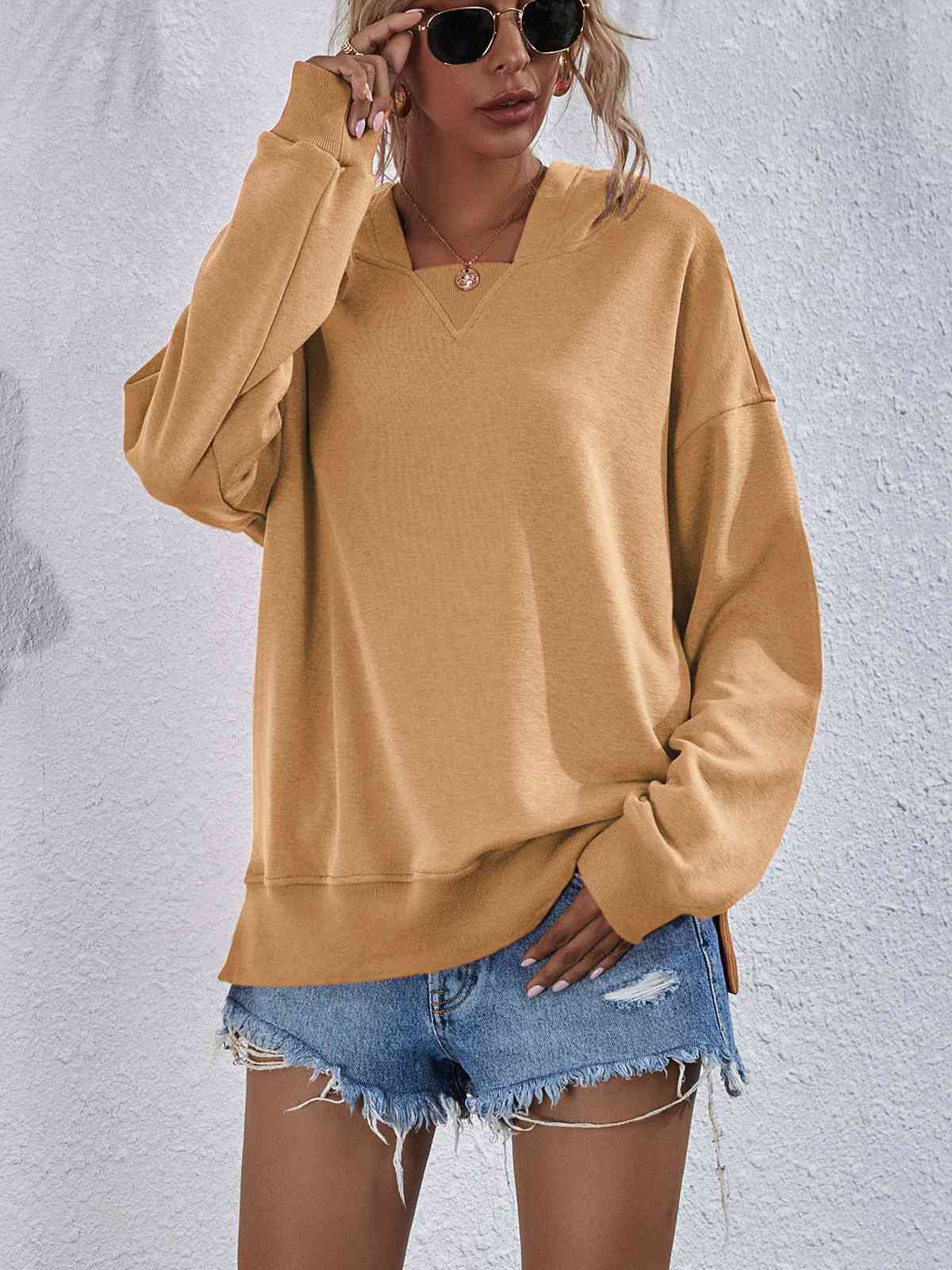 Dropped Shoulder Slit Hoodie - Light Yellow / S - Hoodies & Sweatshirts - Shirts & Tops - 10 - 2024