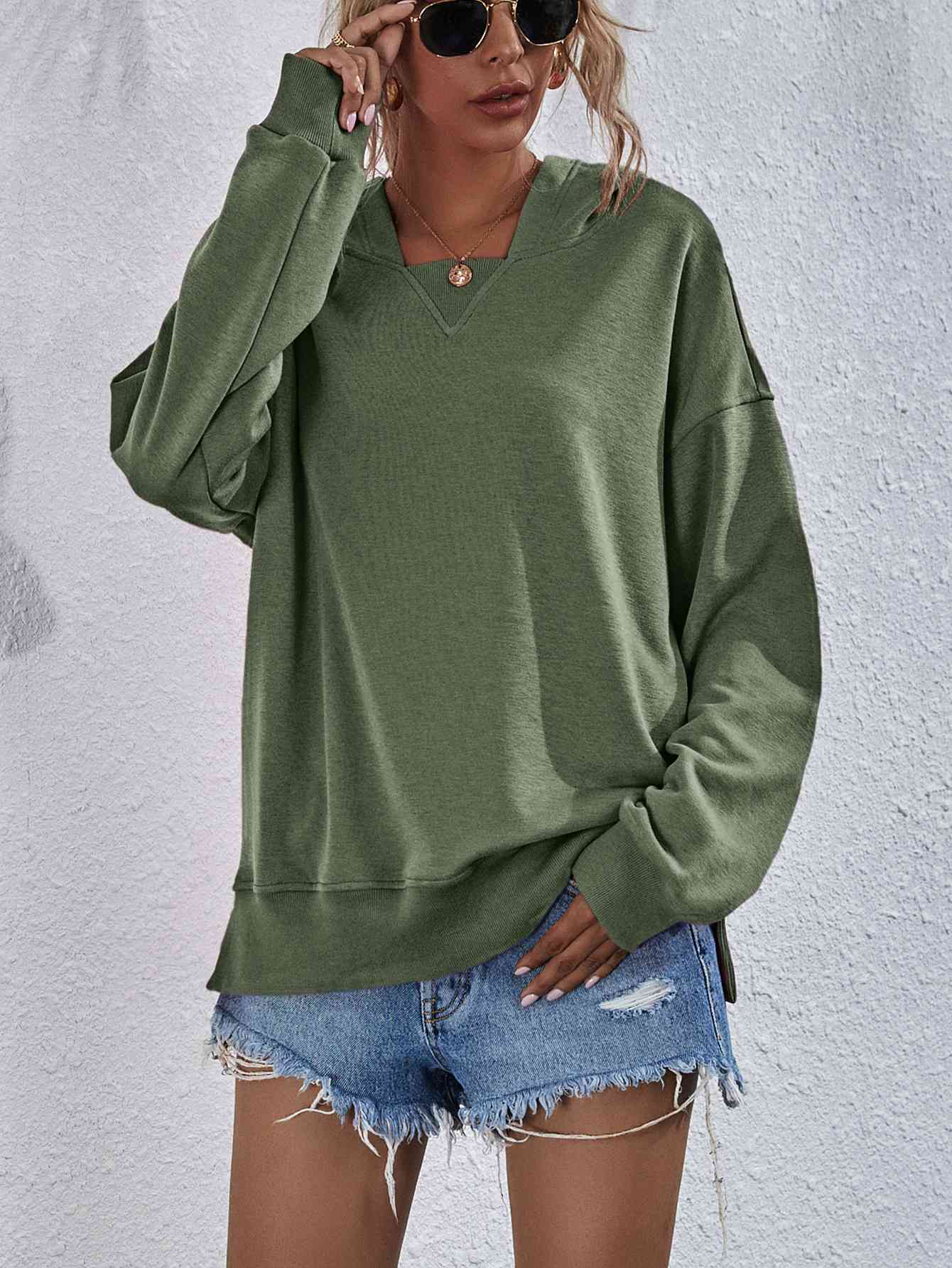 Dropped Shoulder Slit Hoodie - Green / S - Hoodies & Sweatshirts - Shirts & Tops - 25 - 2024