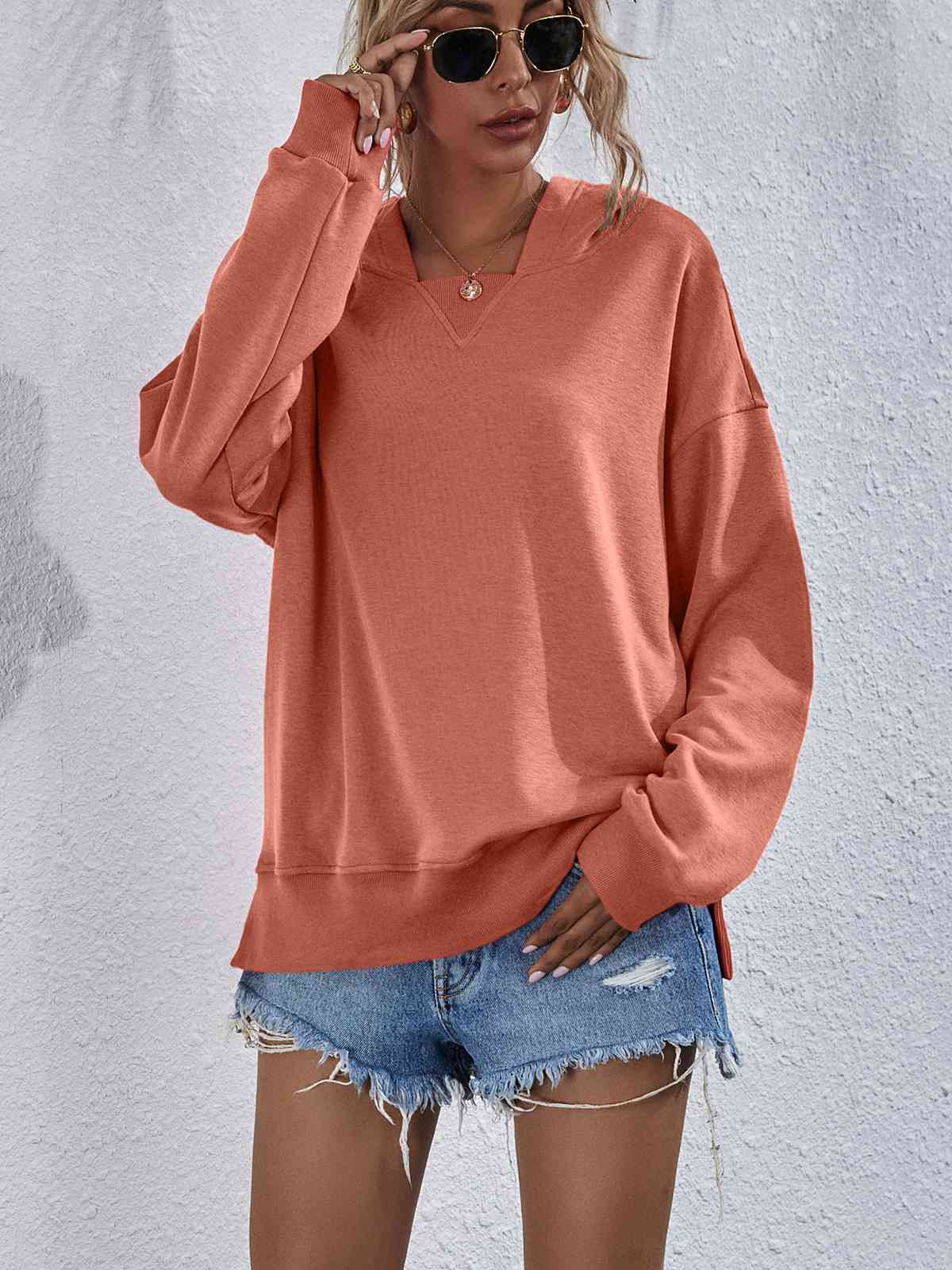 Dropped Shoulder Slit Hoodie - Orange / S - Hoodies & Sweatshirts - Shirts & Tops - 7 - 2024