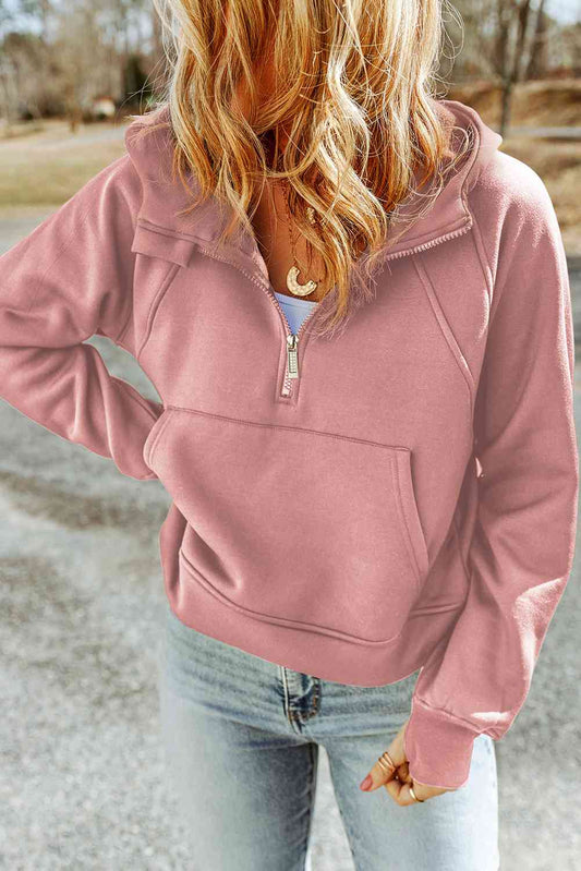 Half-Zip Thumbhole Sleeve Hoodie - Blush Pink / S - Hoodies & Sweatshirts - Shirts & Tops - 1 - 2024