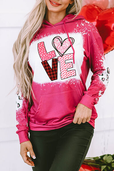 LOVE Heart Drawstring Dropped Shoulder Hoodie - Deep Rose / S - Hoodies & Sweatshirts - Shirts & Tops - 4 - 2024