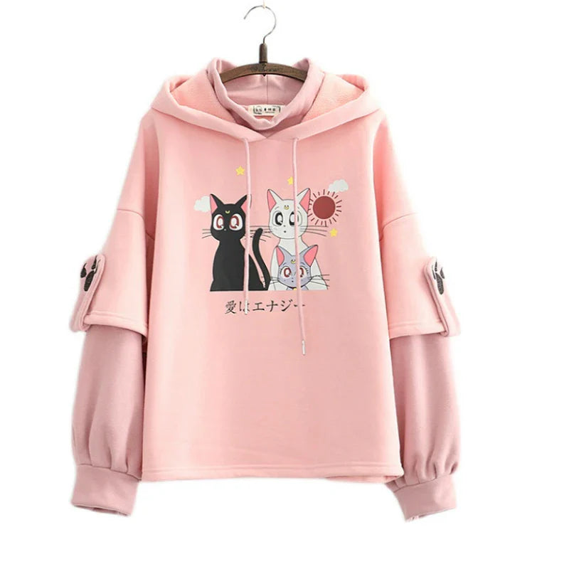 Luna Cat Kawaii Harajuku Fleece Hoodie - Pink / One Size - Hoodies & Sweatshirts - Shirts & Tops - 6 - 2024