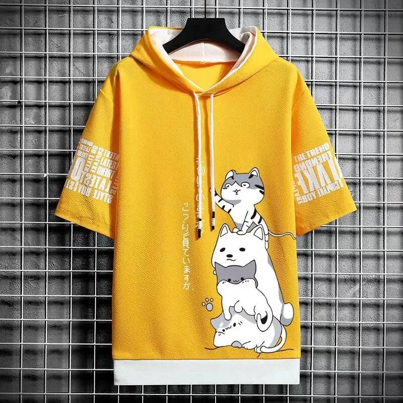 Men’s Summer Cartoon Hoodie - Harajuku Short Sleeve - Yellow / S - Hoodies & Sweatshirts - Shirts & Tops - 12 - 2024