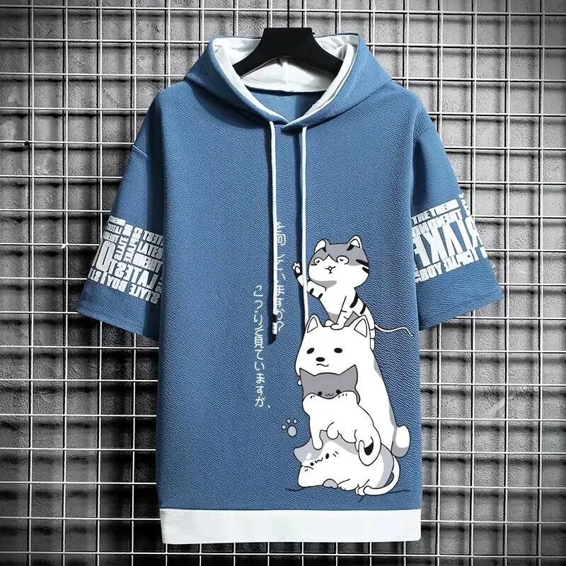 Men’s Summer Cartoon Hoodie - Harajuku Short Sleeve - Blue / S - Hoodies & Sweatshirts - Shirts & Tops - 8 - 2024