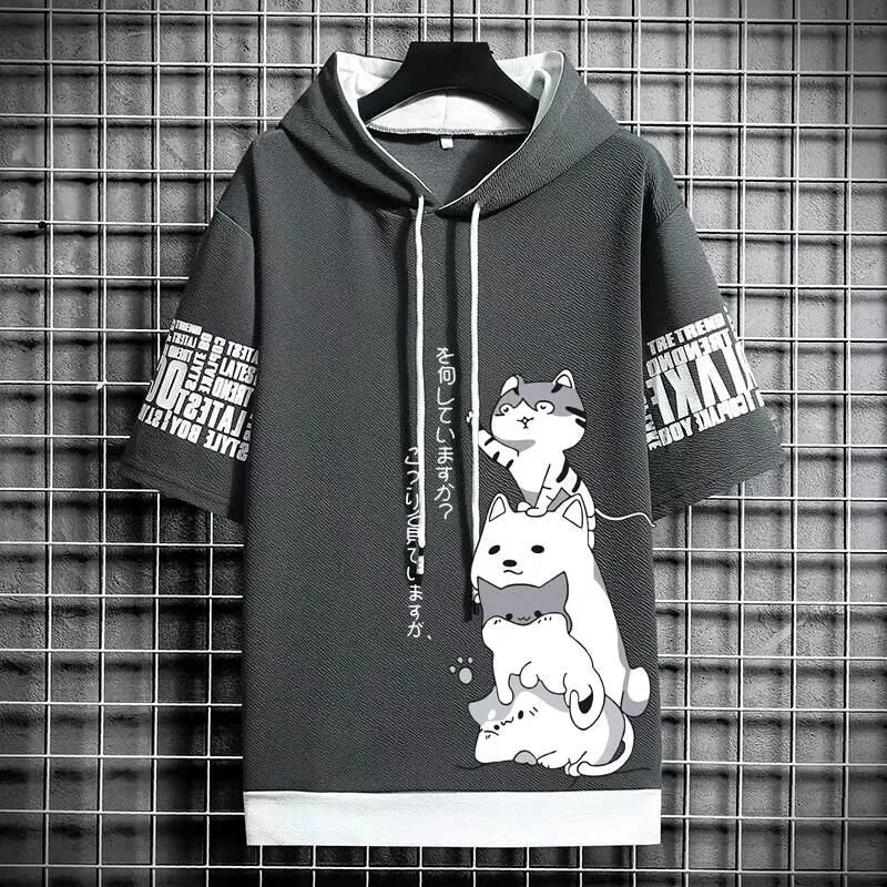 Men’s Summer Cartoon Hoodie - Harajuku Short Sleeve - Charcoal / S - Hoodies & Sweatshirts - Shirts & Tops - 10 - 2024