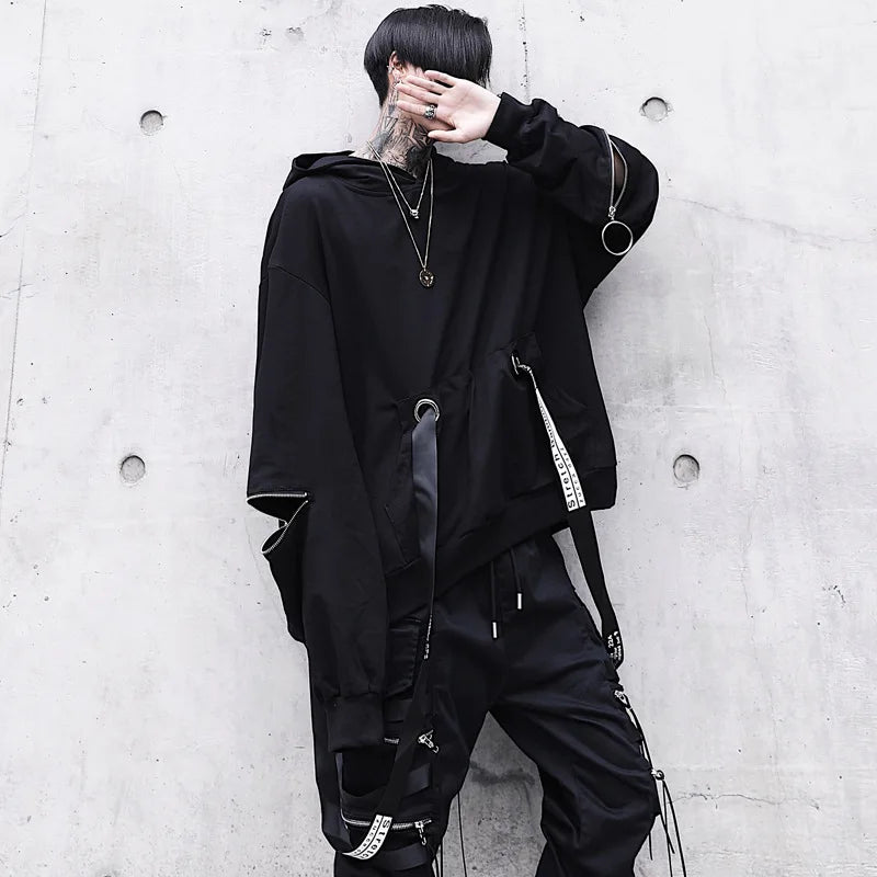 Oversized Ribbon Techwear Black Hoodie - Hoodies & Sweatshirts - Coats & Jackets - 2 - 2024