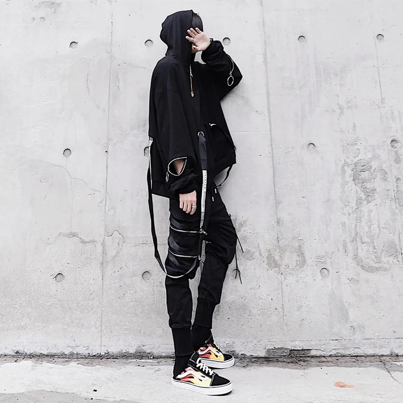 Oversized Ribbon Techwear Black Hoodie - Hoodies & Sweatshirts - Coats & Jackets - 5 - 2024