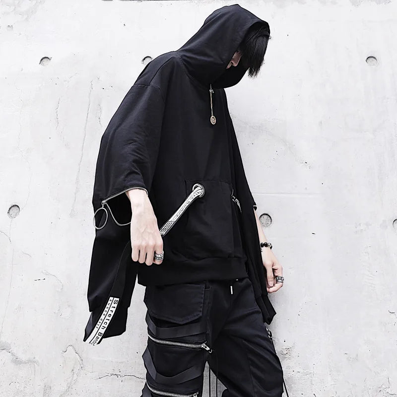 Oversized Ribbon Techwear Black Hoodie - Hoodies & Sweatshirts - Coats & Jackets - 3 - 2024