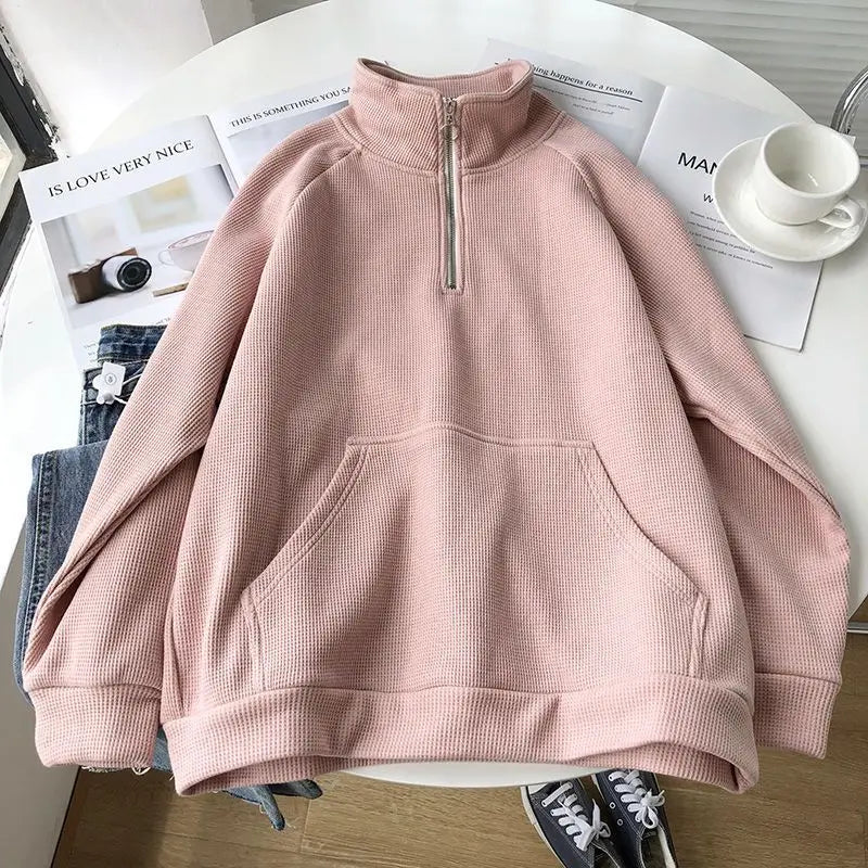 Warm Fleece Hoodie - Loose Half-Zip Pullover - Pink / M 40-50KG / CHINA - Hoodies & Sweatshirts - Shirts & Tops - 9