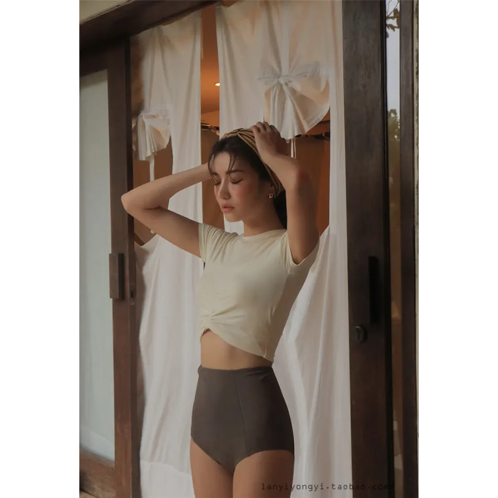 Bikini Set – High Waist Short Sleeve Pleated Korean Style - Sexy Products - Swimwear - 8