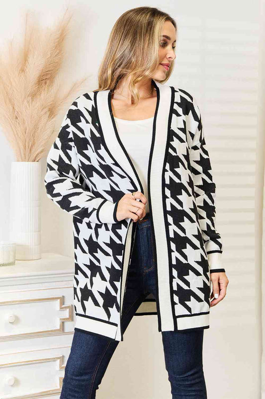 Houndstooth Open Front Longline Cardigan - Black / S - Women’s Clothing & Accessories - Clothing - 1 - 2024