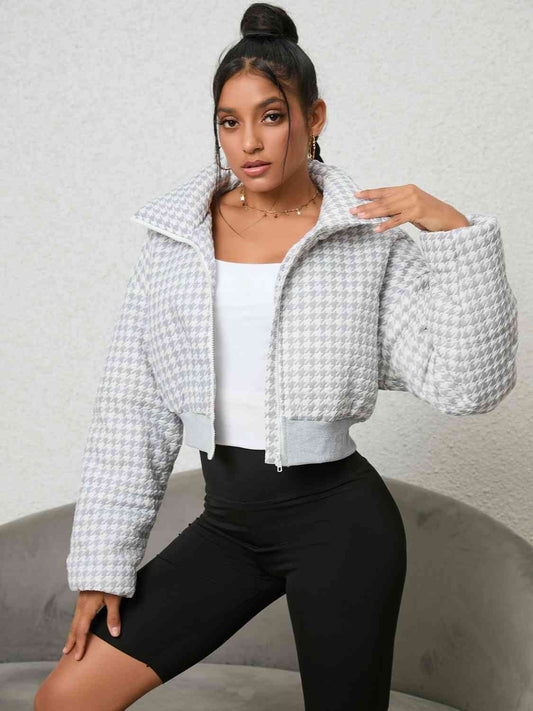 Houndstooth Zip-Up Jacket - White / S - Jackets & Coats - Coats & Jackets - 1 - 2024