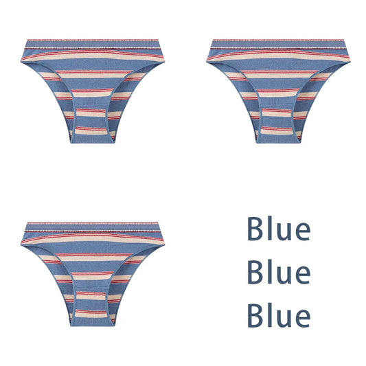3-Pack Sexy Striped Cotton Panties - Classic Comfort Low Waist Underwear - Blue / M 40-50kg / 3Pcs - Intimates