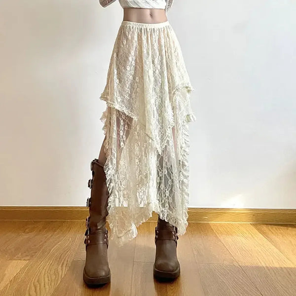 Ivory Lace Asymmetrical Skirt – Fairycore Vintage Boho High Waist - Bottoms - Skirts - 1