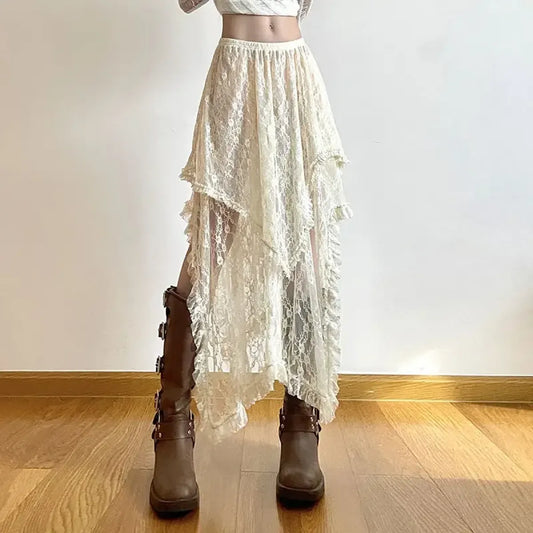 Ivory Lace Asymmetrical Skirt – Fairycore Vintage Boho High Waist - Bottoms - Skirts - 16