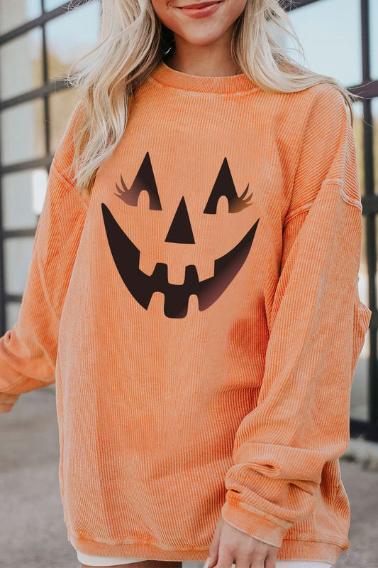 Round Neck Dropped Shoulder Jack-O’-Lantern Graphic Sweatshirt - Orange / S - T-Shirts - Shirts & Tops - 1 - 2024