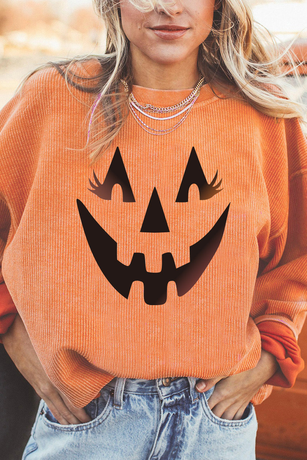 Round Neck Dropped Shoulder Jack-O’-Lantern Graphic Sweatshirt - T-Shirts - Shirts & Tops - 2 - 2024