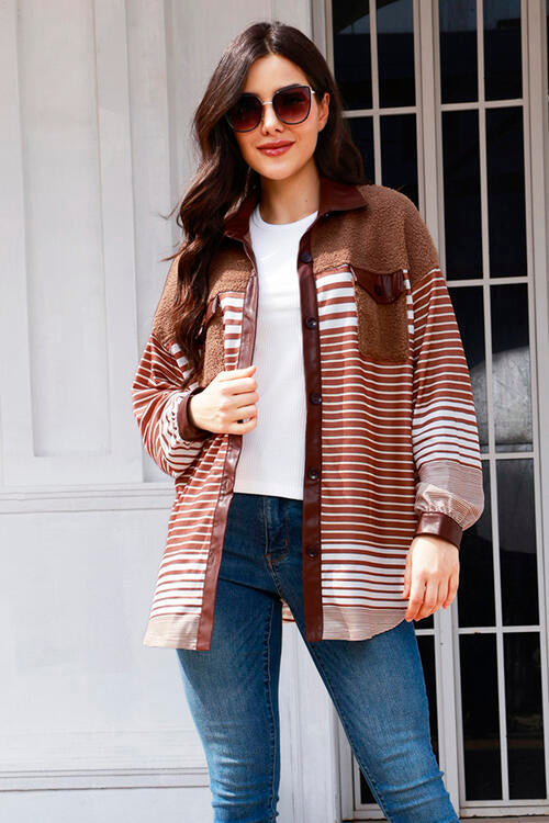 Buttoned Striped Collared Neck Jacket - Brown / S - Jackets & Coats - Coats & Jackets - 1 - 2024