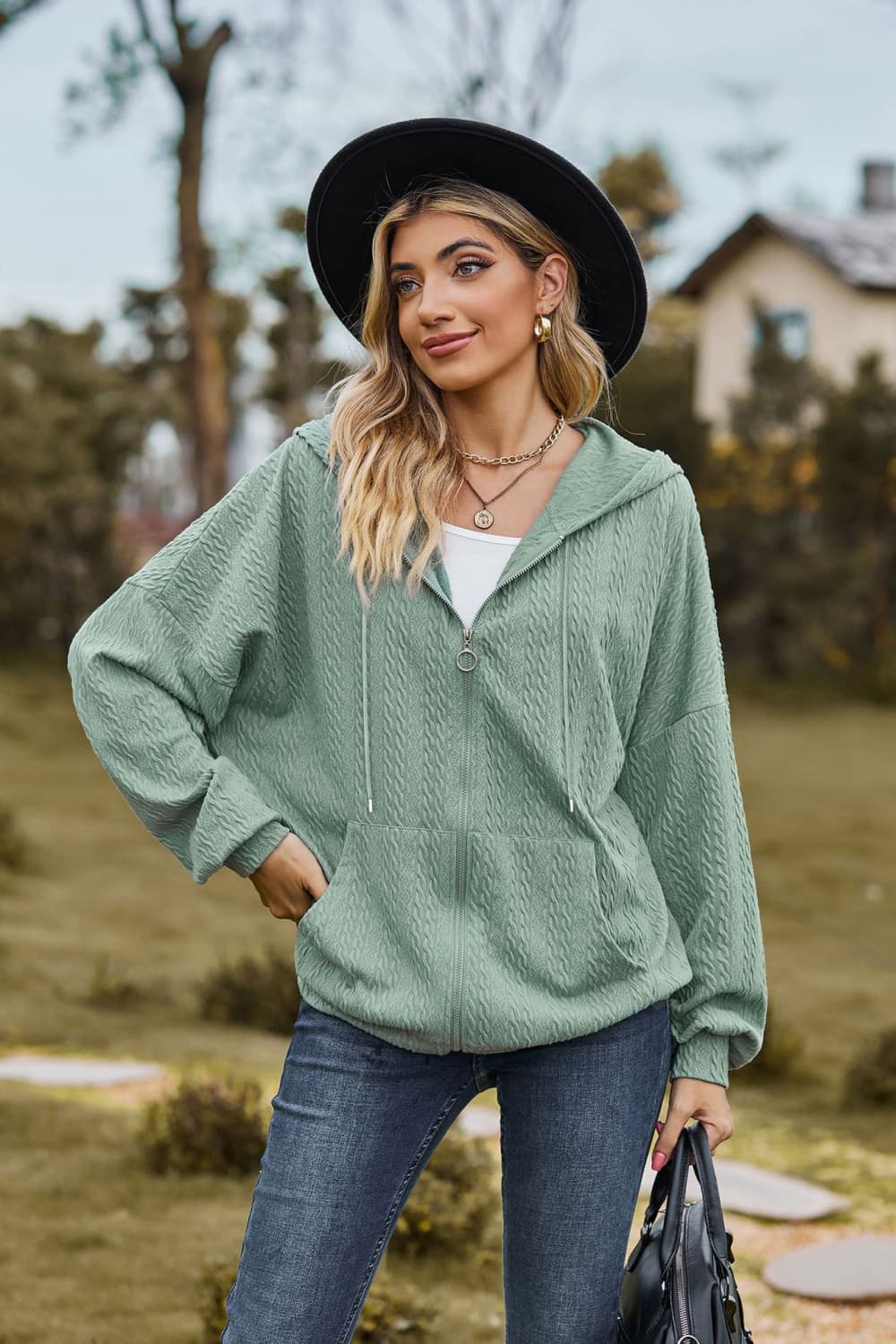 Cable-Knit Long Sleeve Hooded Jacket - Green / S - Jackets & Coats - Coats & Jackets - 7 - 2024