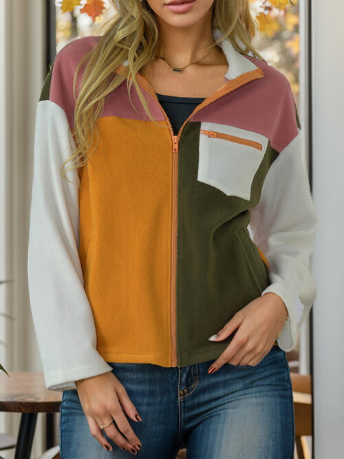 Color Block Zip-Up Long Sleeve Jacket - Orange / S - Jackets & Coats - Coats & Jackets - 1 - 2024
