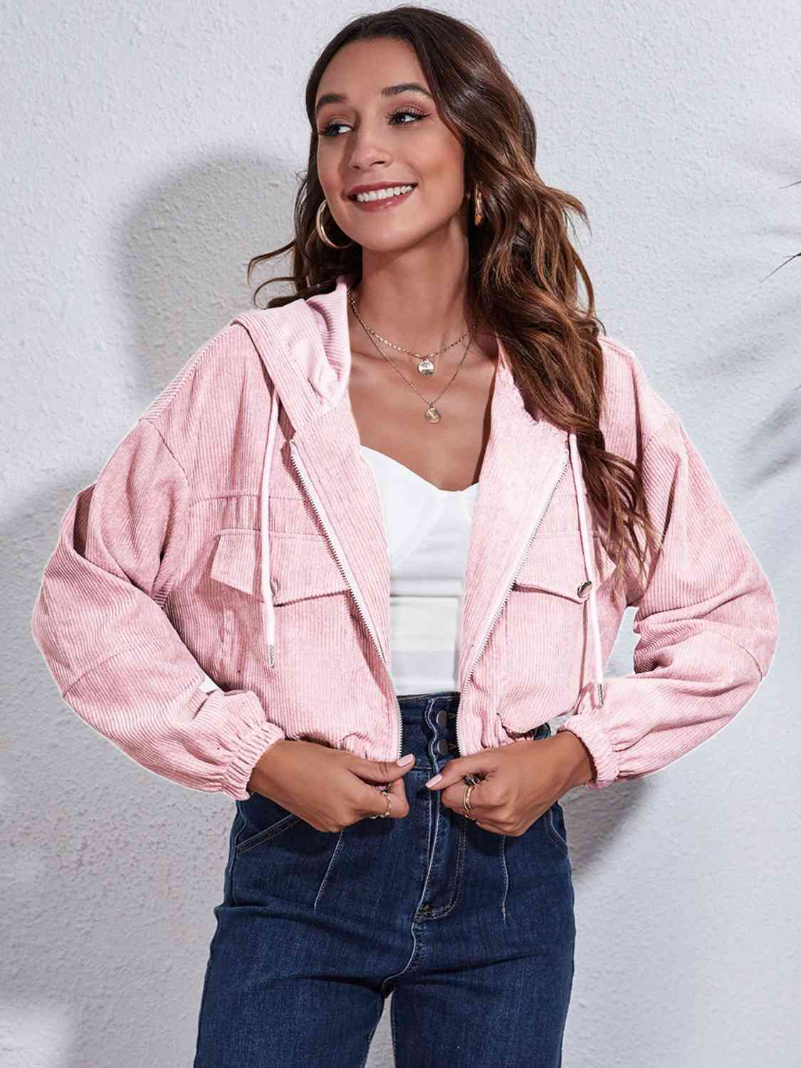 Drawstring Hooded Zip Up Jacket with Pockets - Pink / S - Jackets & Coats - Coats & Jackets - 9 - 2024